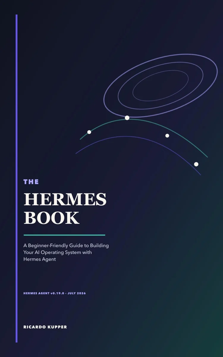 Buchcover von The Hermes Book: dunkles Navy mit Umlaufbahnen und Bogenlinien in Violett und Petrol, darunter Titel, Untertitel und der Autorname Ricardo Kupper.