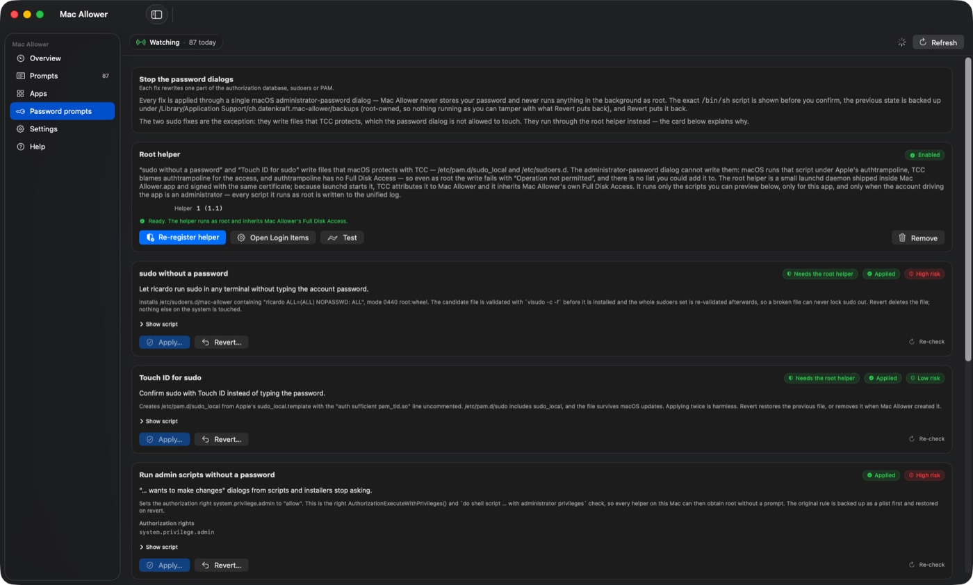 Mac Allower, Seite Passwort-Dialoge: Karte für den Root-Helper und sechs Fixes mit Status, Risiko, Skript-Vorschau, Anwenden und Rückgängig